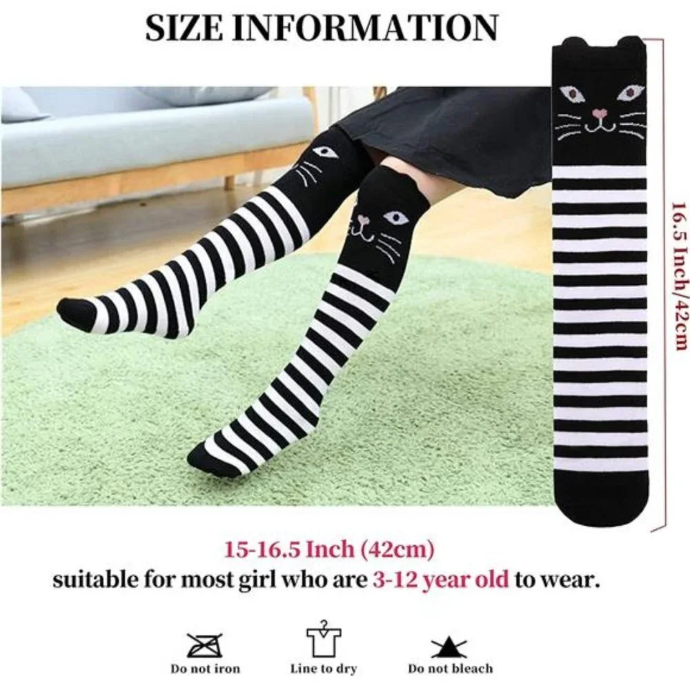 6 Pairs Kids Girls Knee High Socks Cartoon Animal Pattern Cotton Over Calf Socks
